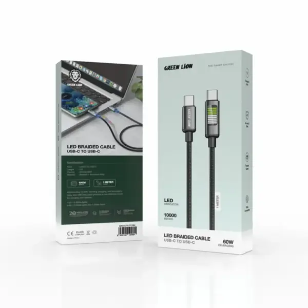 GREEN LION LED BRAIDED CABLE USB-C TO USB-C 60W | LED INDICATOR | BLACK